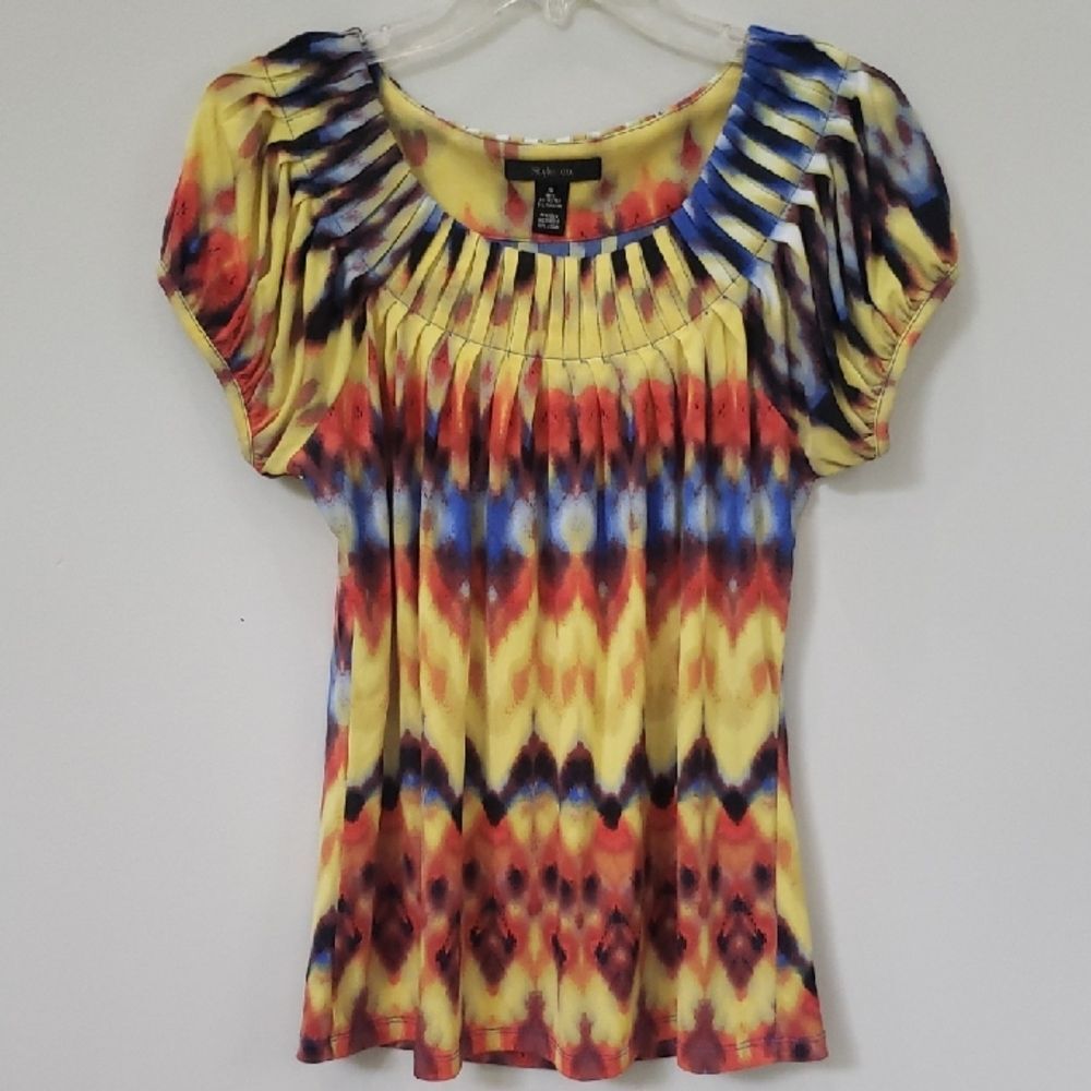 Y2K Style & Co Top Womens S Vibrant Multicolor Pattern Pleated Collar Cap Sleeve